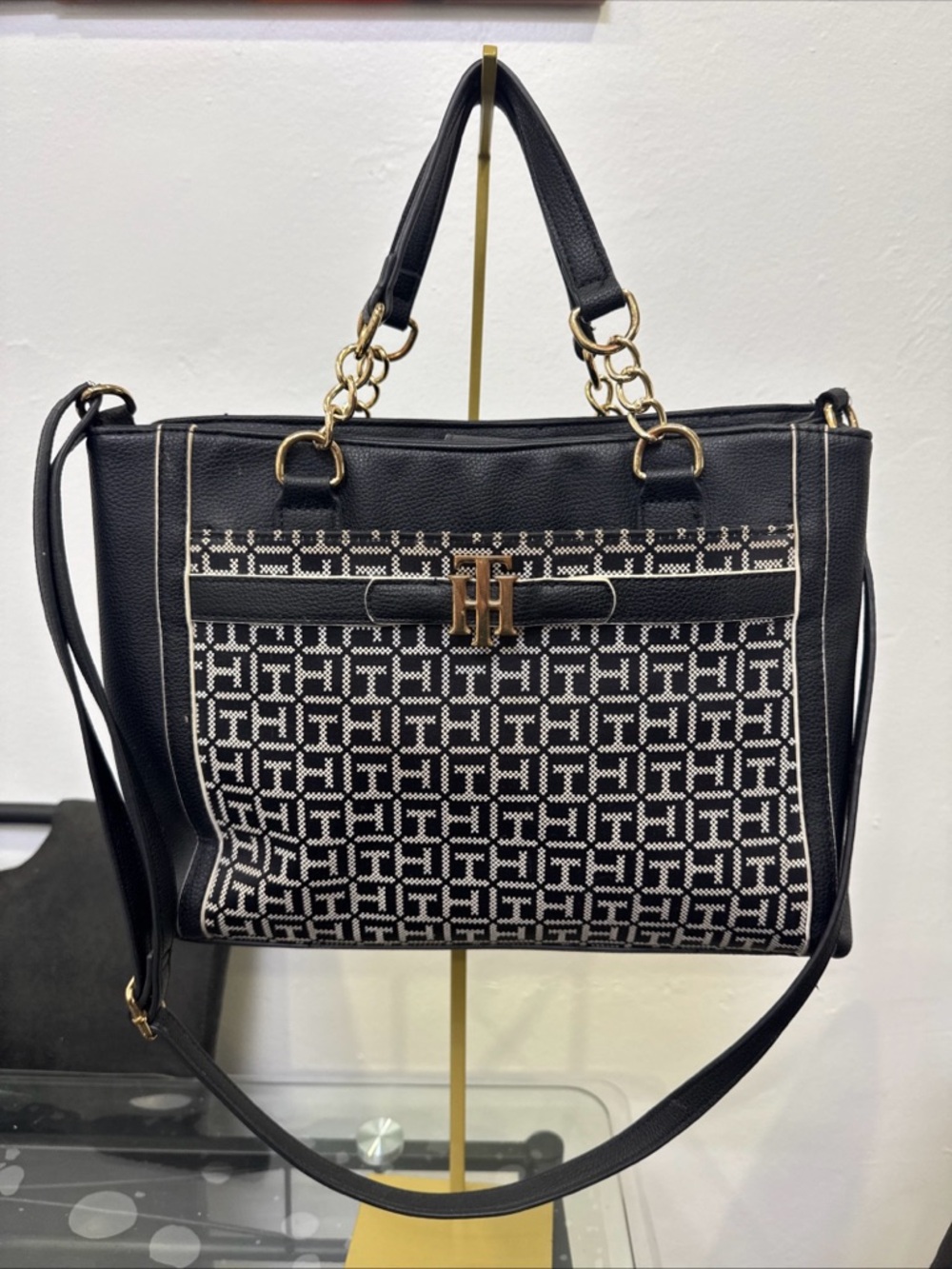 Tommy Hilfiger Black & White Monogram Tote with Gold Accents